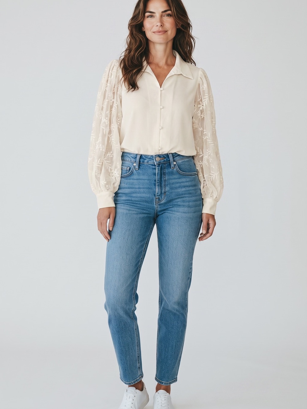 Soft Surroundings Cream Embroidered Organza Sleeve Blouse